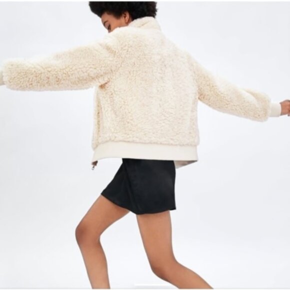 Zara Sherpa Fleece Full Zip Bomber Jacket – Cream - Picture 3 of 9